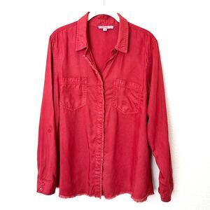 [Chico's] Coral Rose Frayed Hem Tencel Denim Button Down Shirt Casual Sz Large L